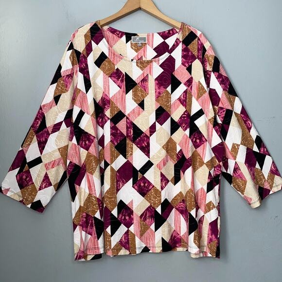 JM Collection Plus Size 2X Stretch Knit Top Easy Care Travel Geometric Artsy - Picture 1 of 10